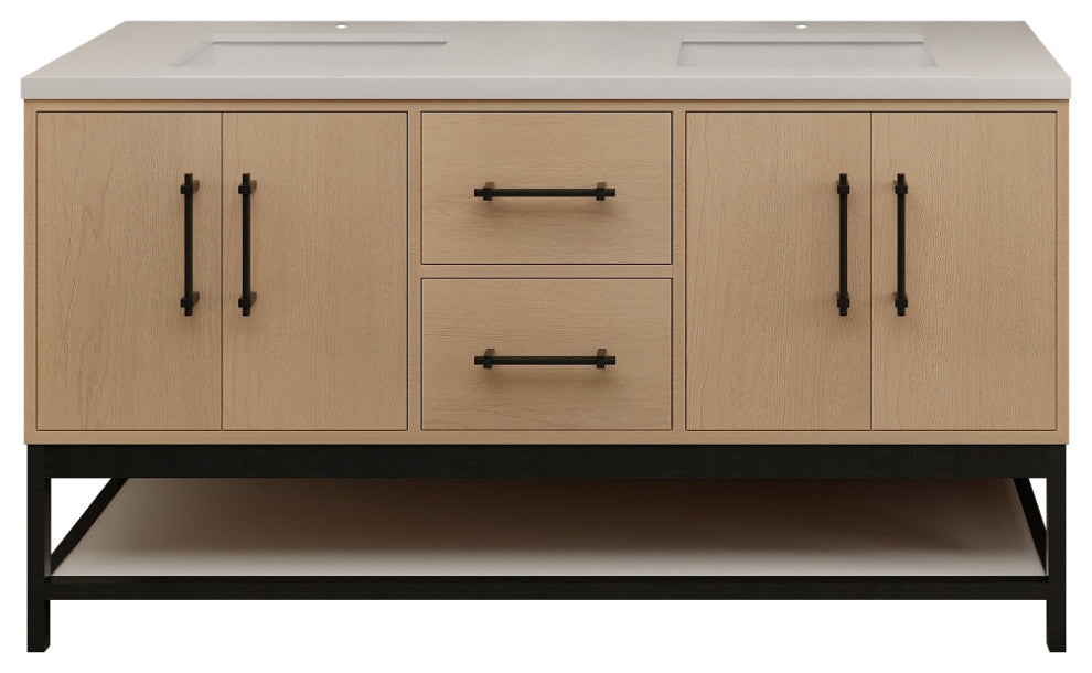 Victoria 60'' Solid Wood Open Shelf Bath Vanity Double Sink, Yellow Oak