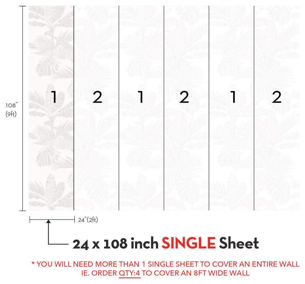 Oceanside Palm Leaves Vinyl Peel and Stick Mural, Gray, 24"x108", Single