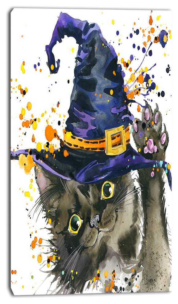 Halloween Cat and Witch Hat, Contemporary Animal Art Canvas, 16"x32"
