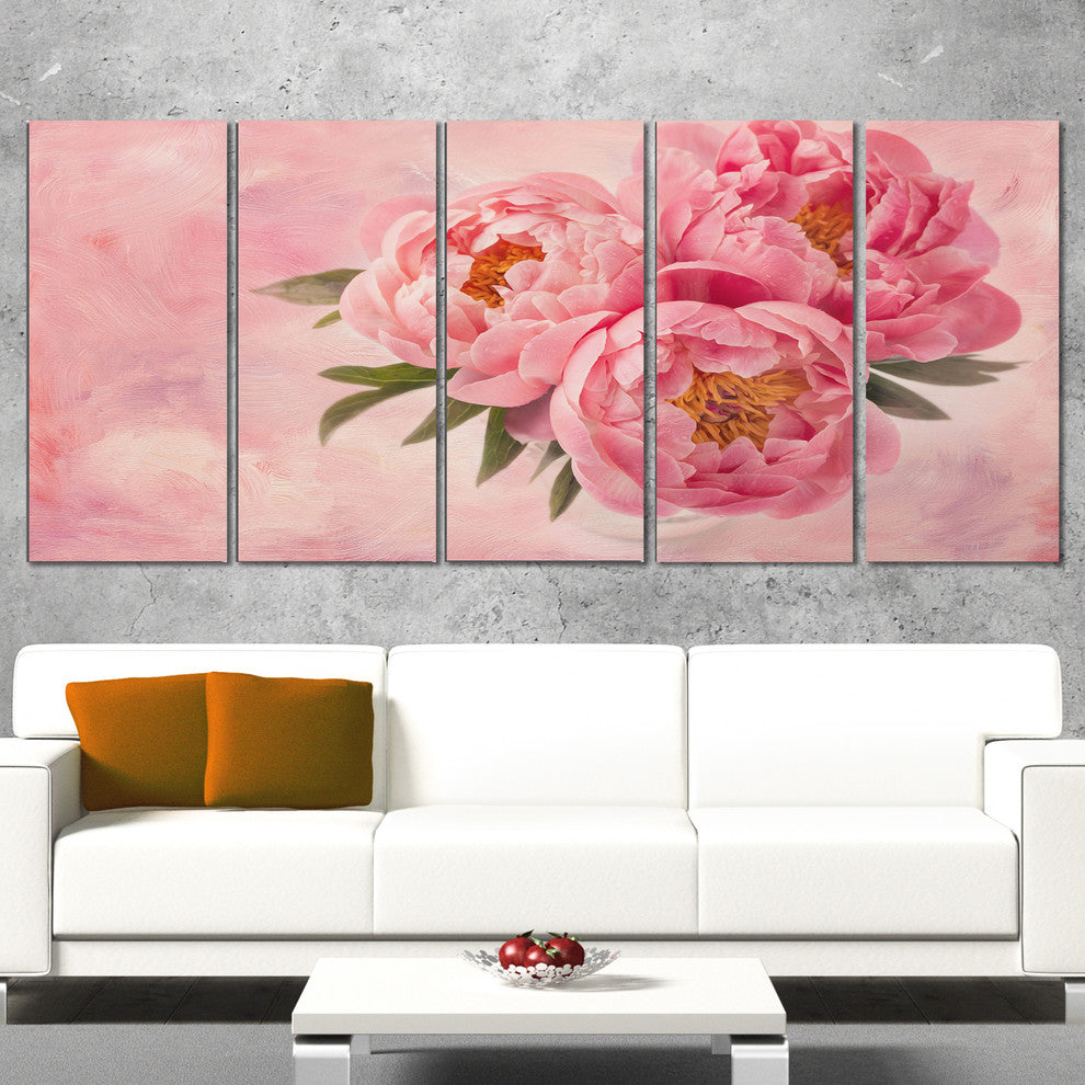 Peony Flowers in Vase on Pink, Floral Canvas Art Print, 60"x28", 5 Panels