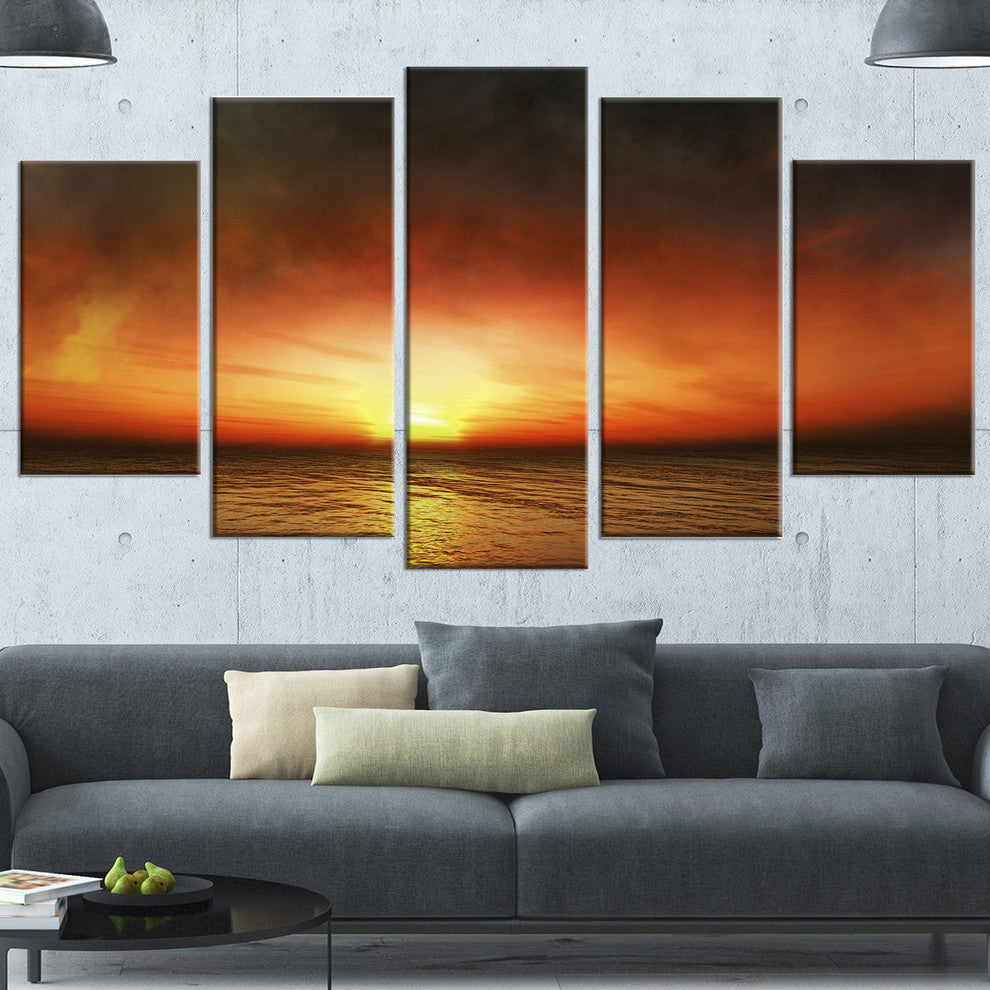 Fiery Sunset Beach under Cloudy Sky, Seashore Canvas Art, 60"x32", 5 Panels