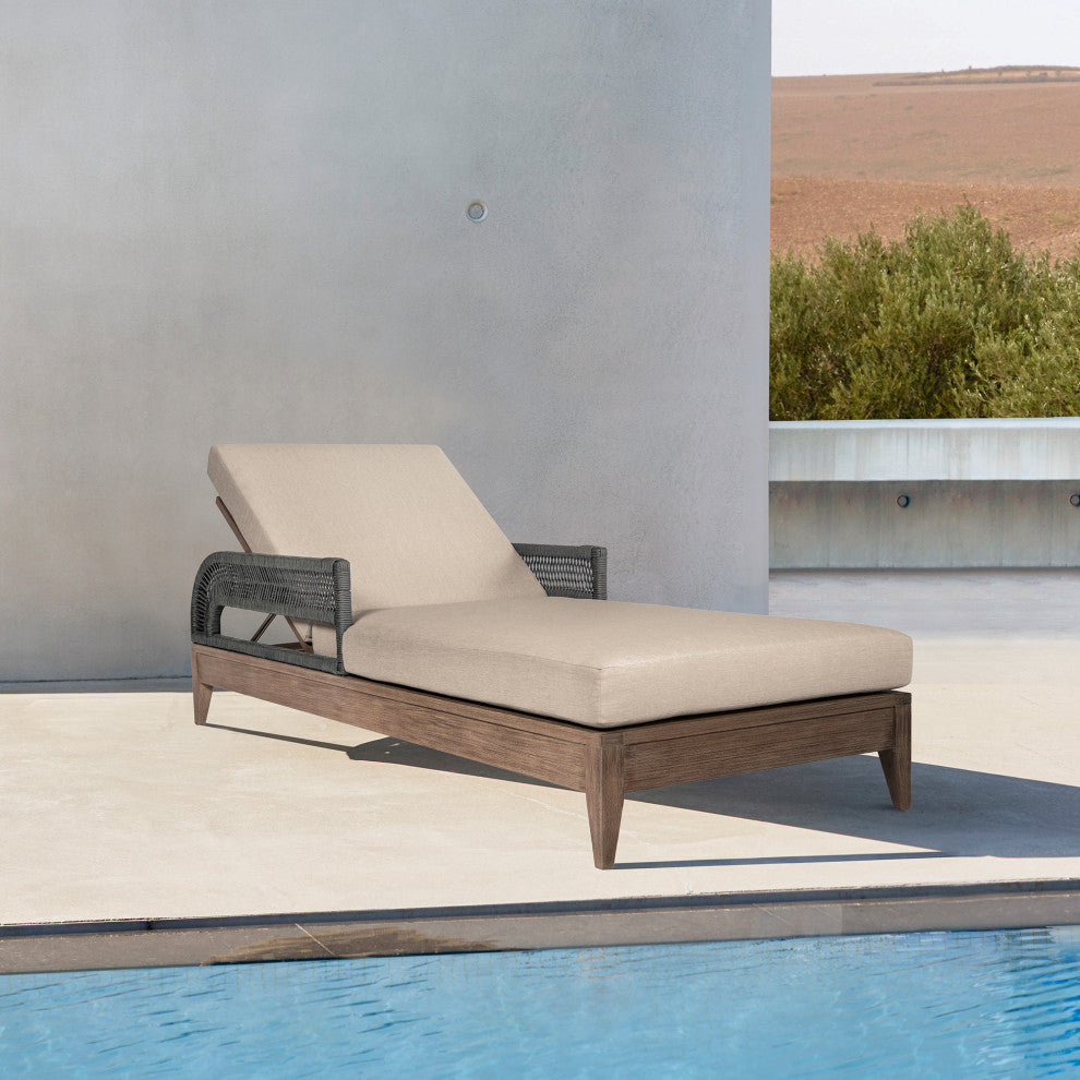 Orbit Outdoor Patio Chaise Lounge Chair, Wood Gray Rope &Taupe Olefin Cushions