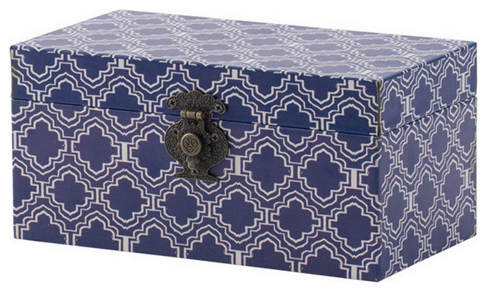 Benzara 10" Wood Boxes, Classic Blue White Quatrefoil Design, 2-Piece Set