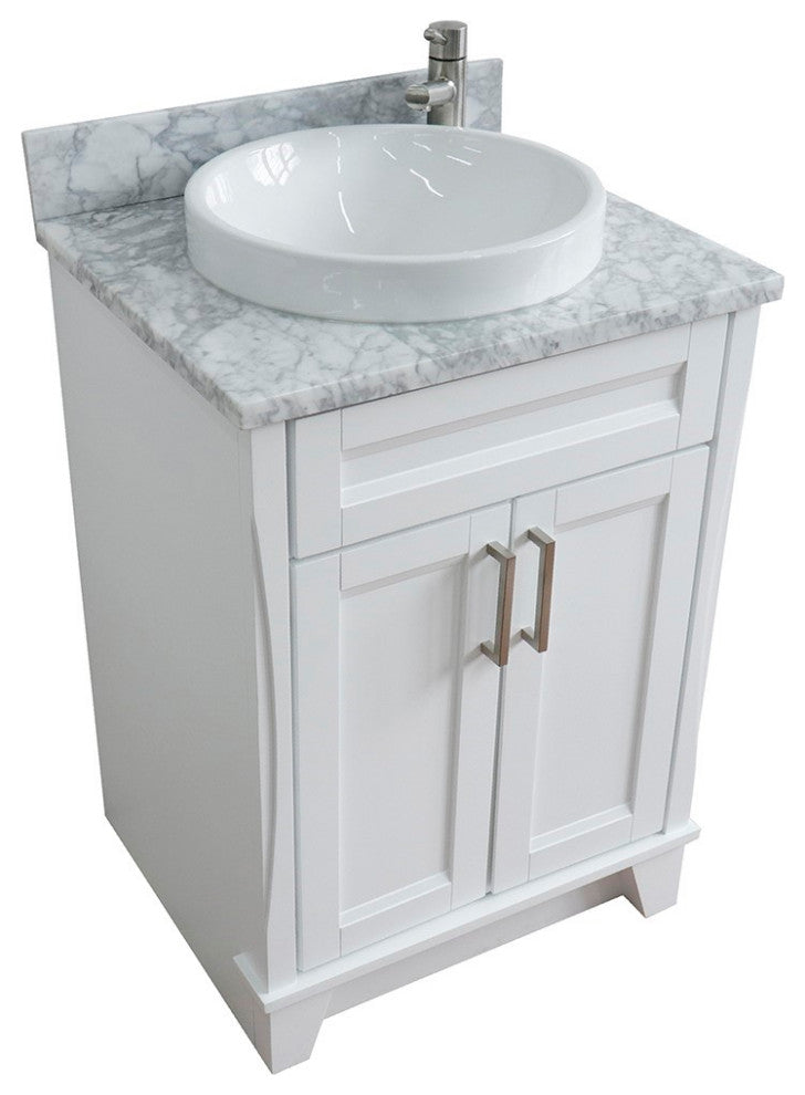 25" Single Sink Vanity, White Finish With White Carrara Marble And Round Sink
