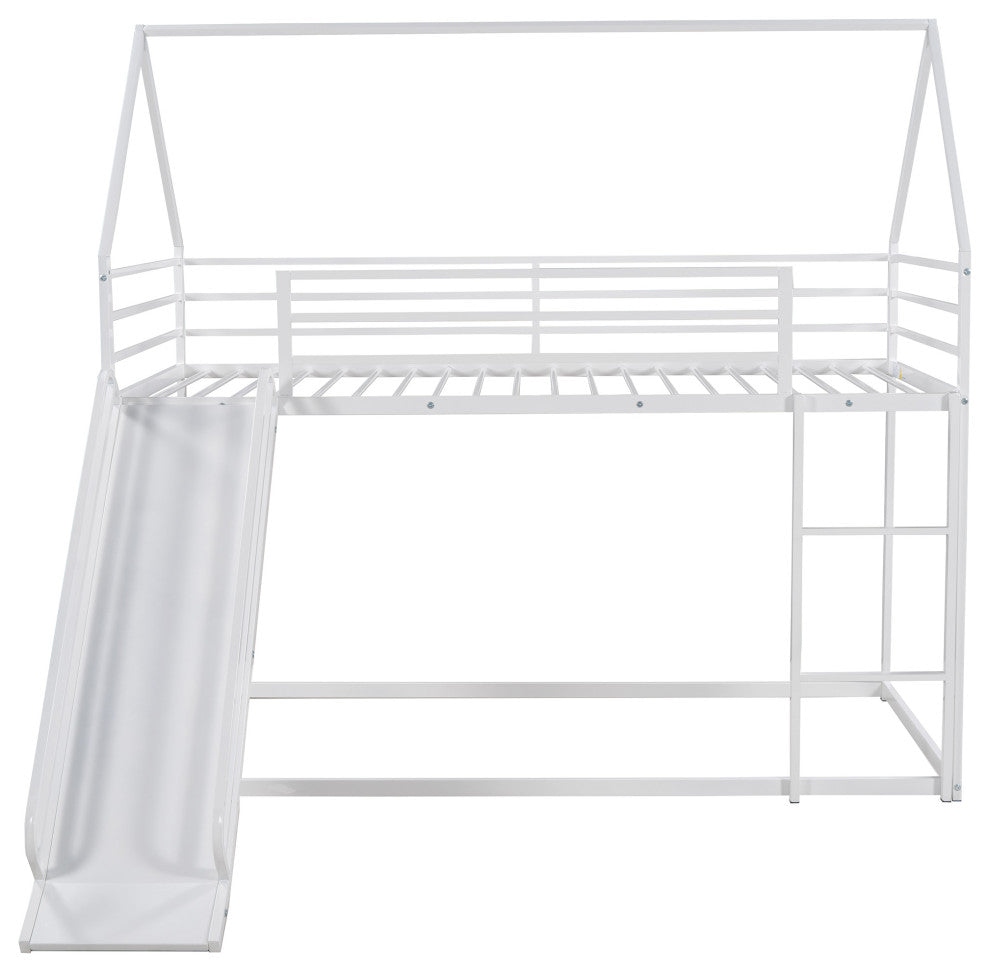 Gewnee Metal Twin Over Twin Bunk Bed House Bed with Slide in White