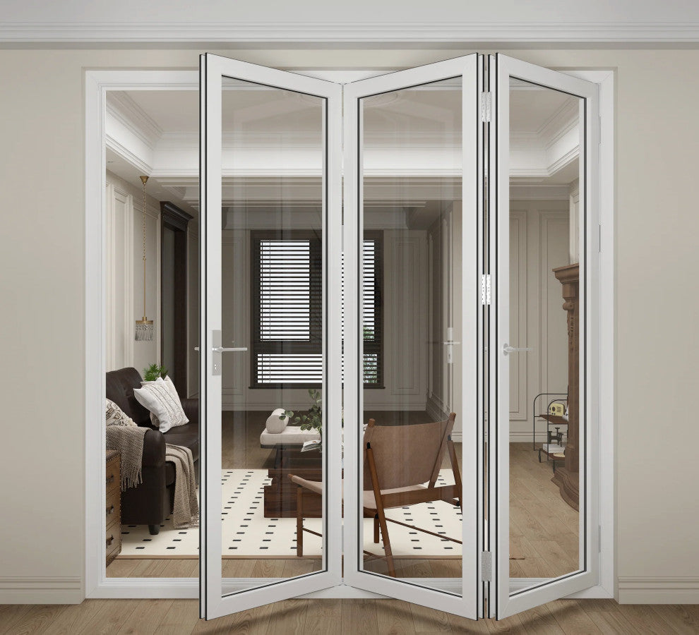 Aluminum folding patio doors 108"x96", white color. low e glass R-L30