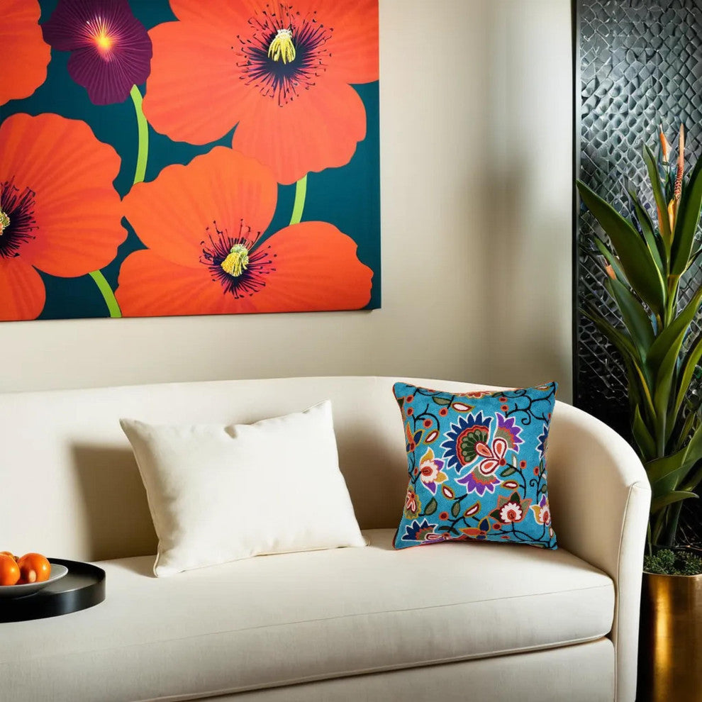 Turquoise Floral Pillow Cover Hand Embroidered Modern Design Wool 18x18