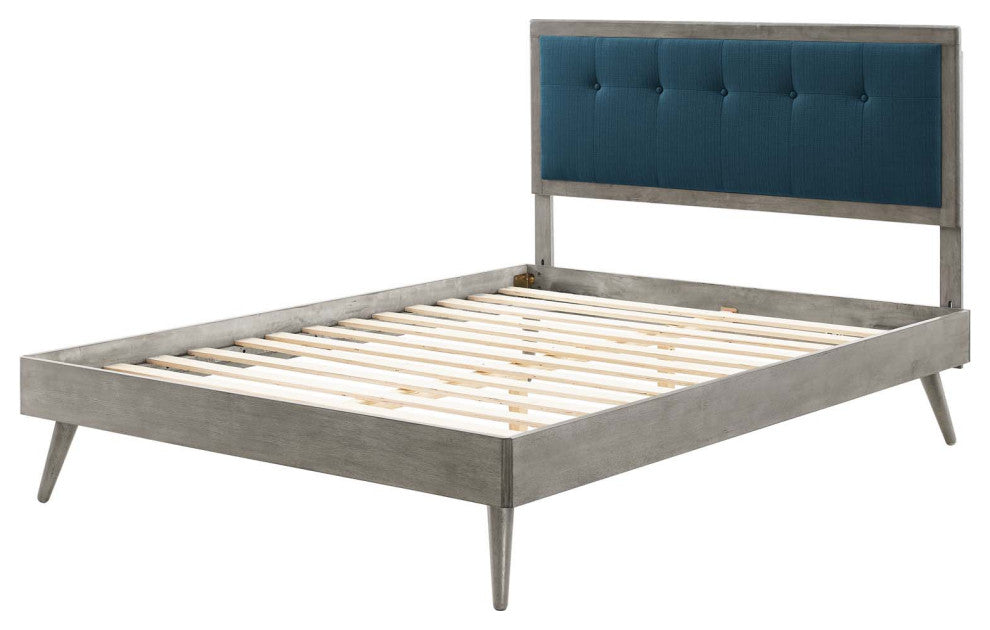 Platform Bed Frame, Queen Size, Fabric, Wood, Gray Navy Blue, Modern
