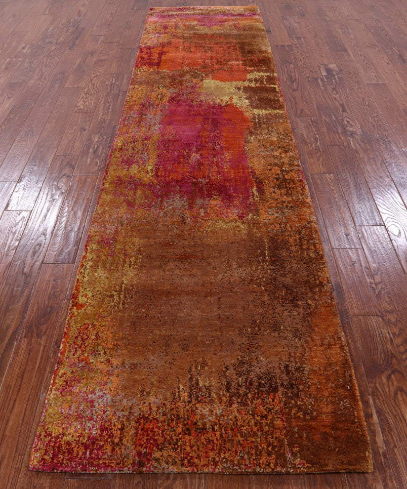 Runner Abstract Hand-Knotted Silk Rug 3' 1" X 12' 1" Q9089