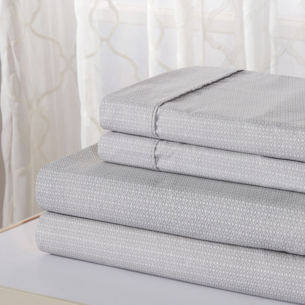 Bibb Home 4 Piece Printed Microfiber Sheet Set, Silver Diamond, Full