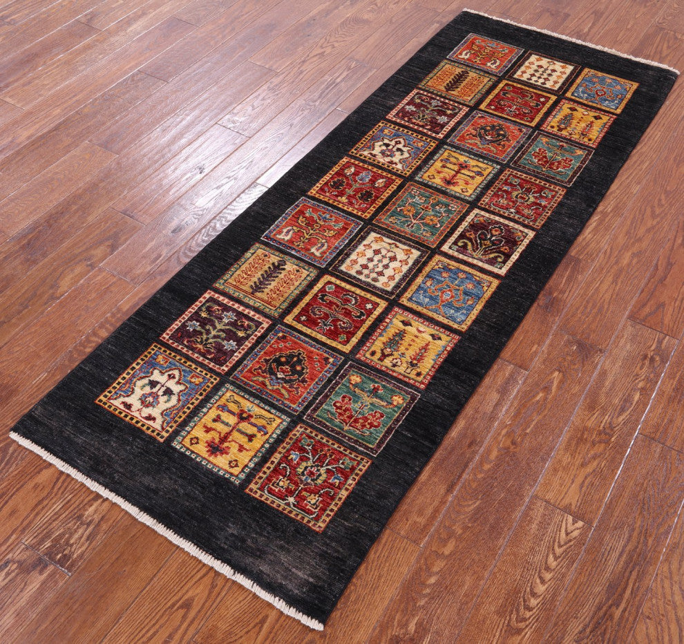 Persian Garden Design Black Hand Knotted Runner Rug 2' 6" X 6' 7" Q10681