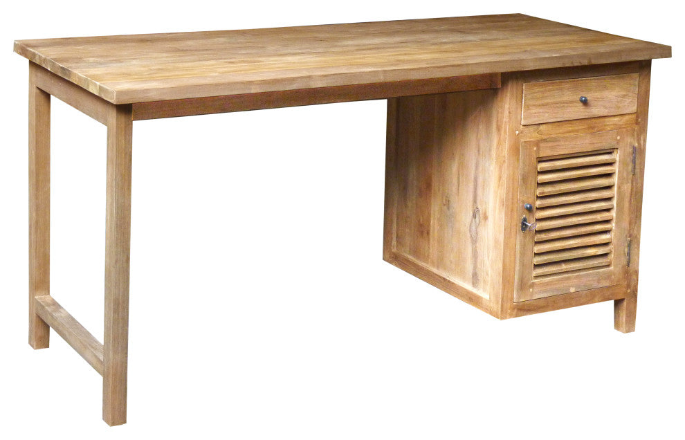 Recycled Teak Wood Louvre Writing Desk with 1 Door & Drawer