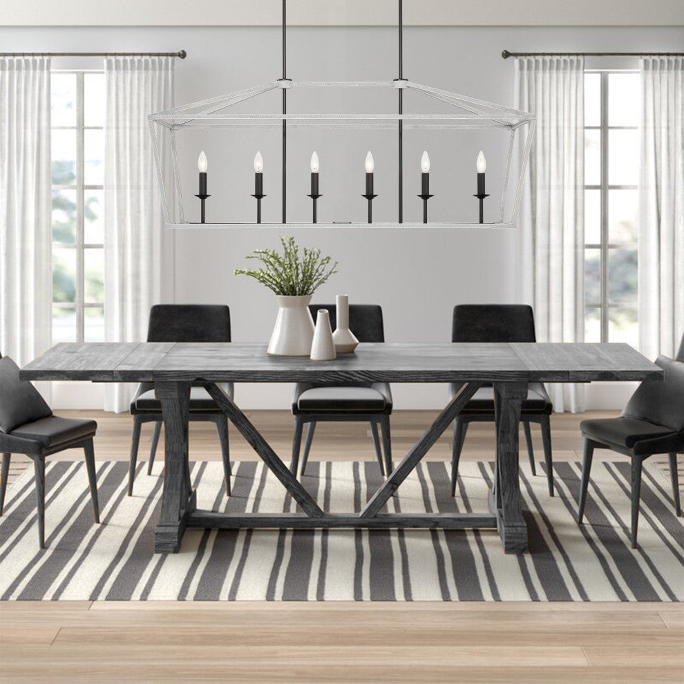 6 Light Kitchen Island Linear Pendant Chandelier, Crackle White+classic Black
