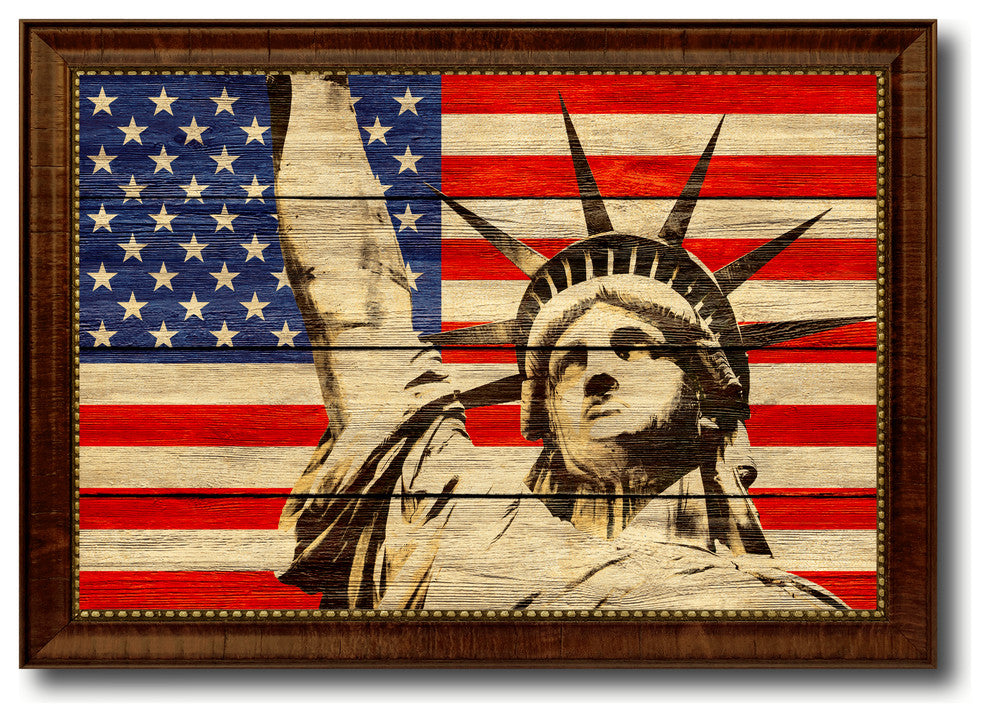 American Lady Liberty Textured Flag Print With Brown Gold Frame, 15"X21"