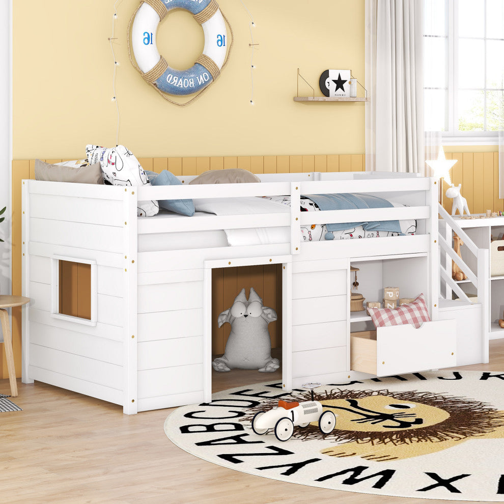 Gewnee SOLID WOOD TWIN SIZE LOW LOFT BED WITH STAIR