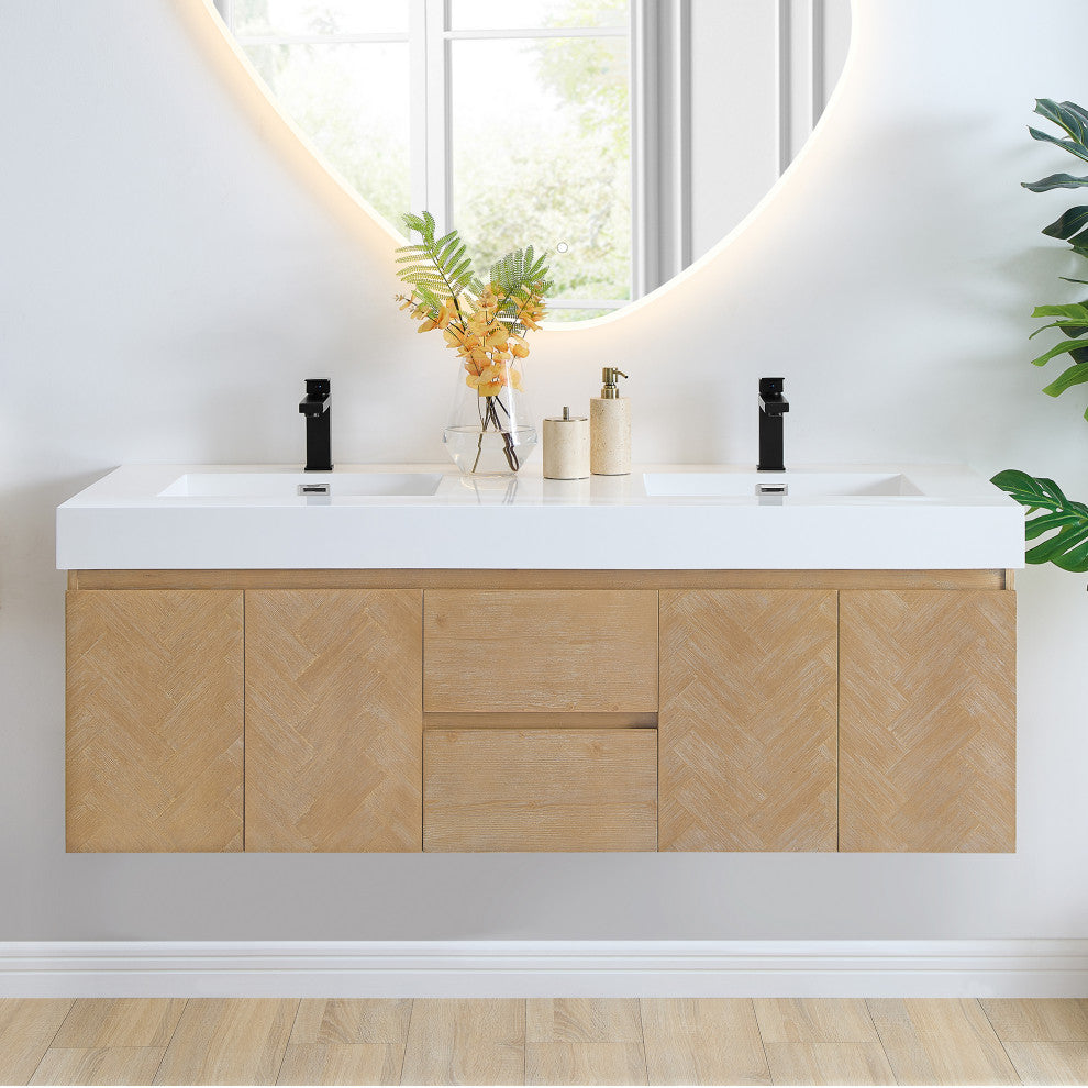 Siena Wall-mounted Single Bath Vanity, Light Brown, 60inch, No Mirror