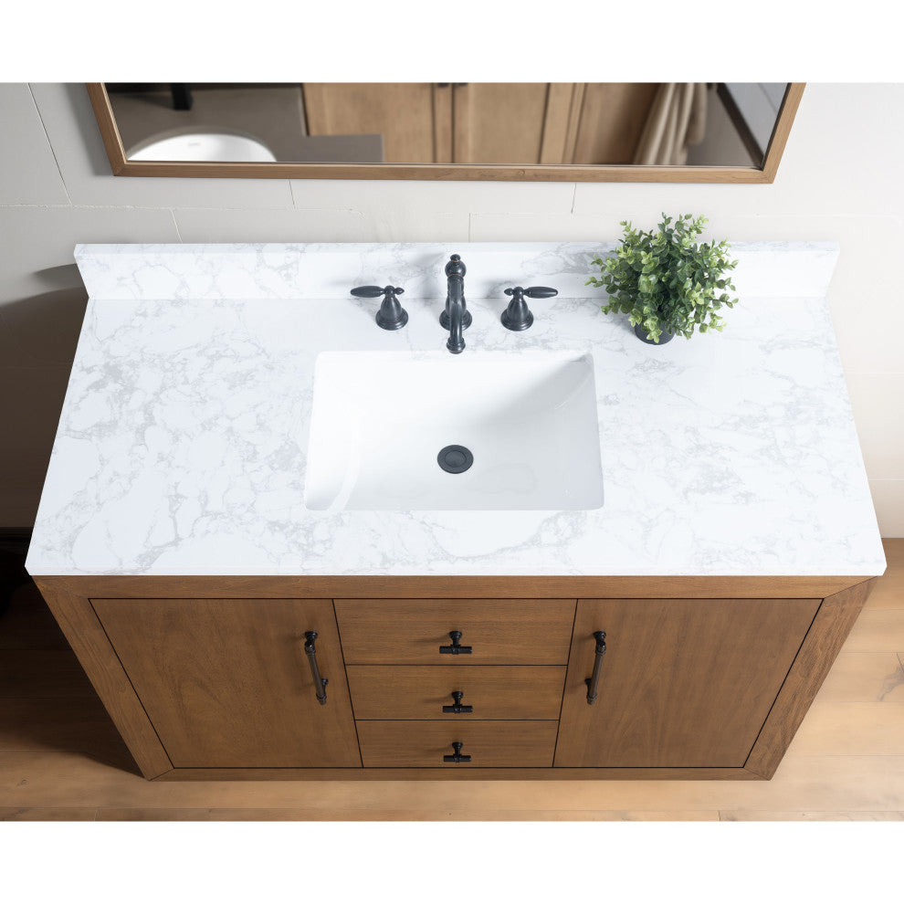 Vanity Art Bathroom Vanity With Sink, Tan, 48" Single, Arabescato White Engineered Marble Top