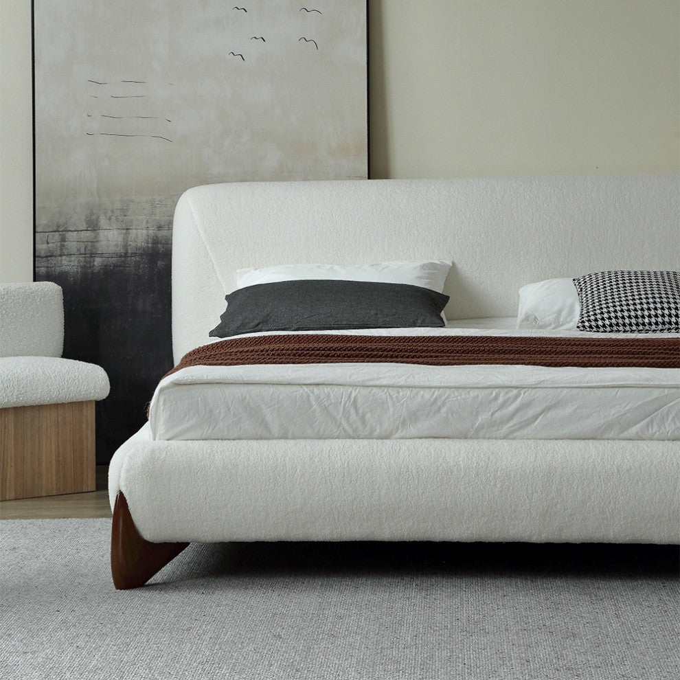 White Boucle Platform Bed King Size Bed Frame with Upholstered Headboard