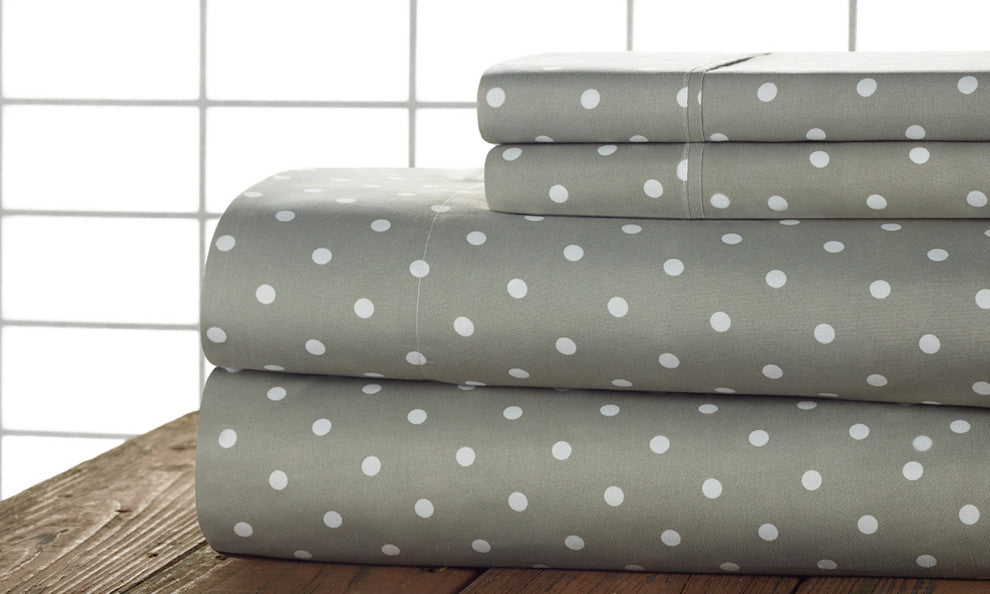 Bibb Home 4 Piece Printed Microfiber Sheet Set, Gray Polka Dot, Queen