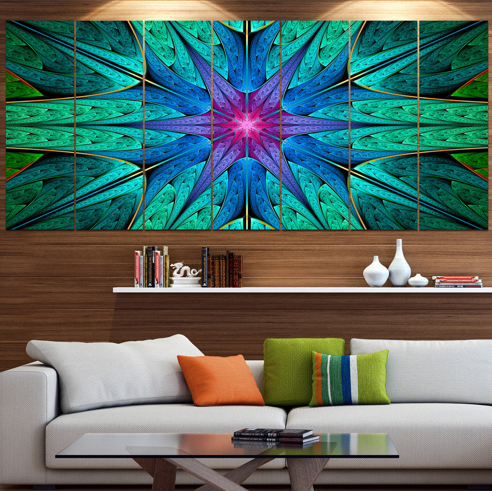Turquoise Star Fractal Stained Glass, Abstract Canvas Print, 83"x32", 7 Panels