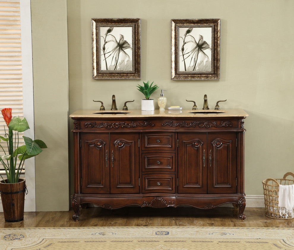 Cassandra 60" Dark Cherry Double Sink Bathroom Vanity, Travertine Marble Top