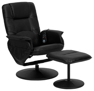 Massaging Black Leather Recliner and Ottoman With Leather Wrapped Base