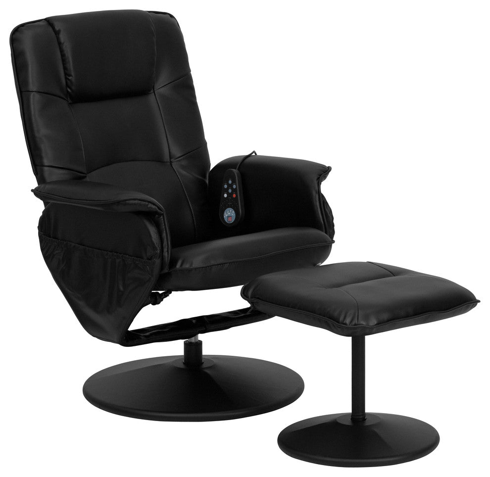 Massaging Black Leather Recliner and Ottoman With Leather Wrapped Base