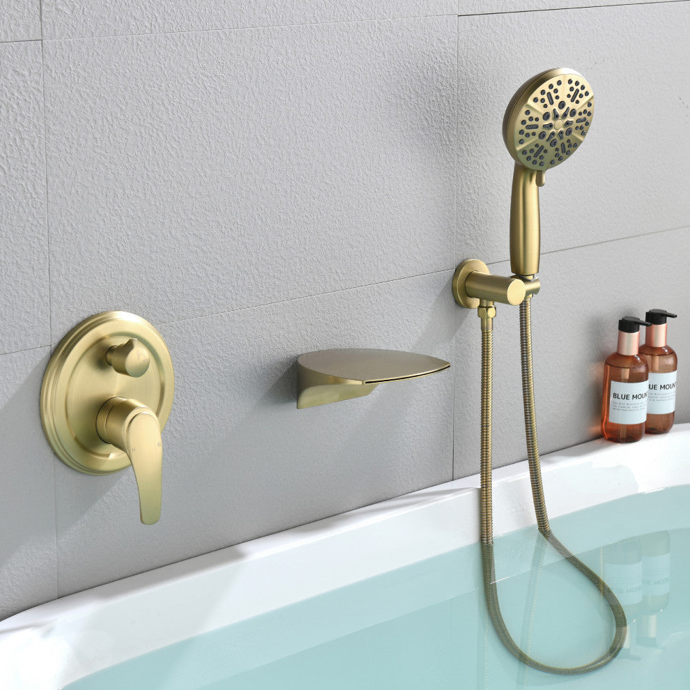 Single Handle Wall Mounted Waterfall Faucet With Handshower, Brushed Gold