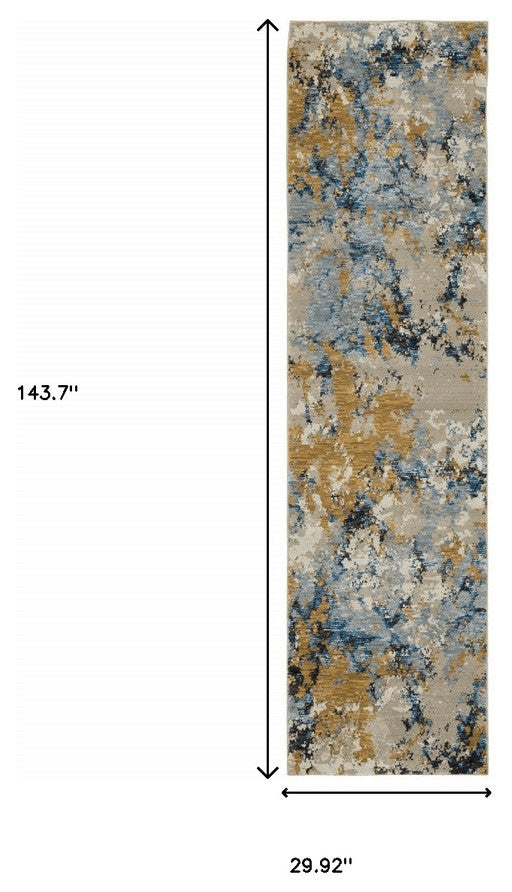 12' Runner Gold Grey and Ivory Abstract Power Loom Runner Rug
