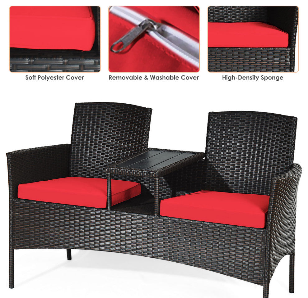 Costway Patio Rattan Loveseat Sofa Cushioned Coffee Table Red