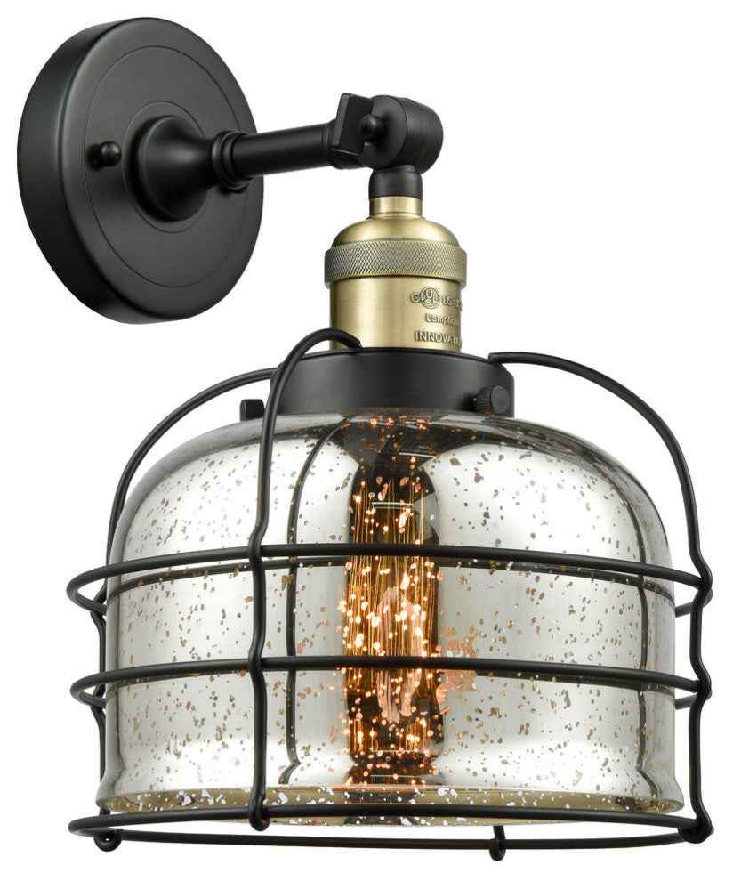 Large Bell Cage 1-Light Sconce, Black Antique Brass, Silver Plated Mercury