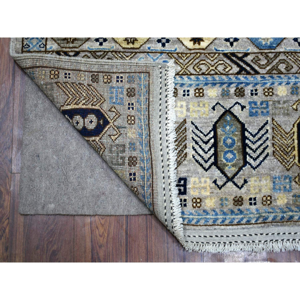 Light Gray, Turkeman Ersari Pure Wool Hand Knotted Wide Runner Rug, 4'1" x 9'7"