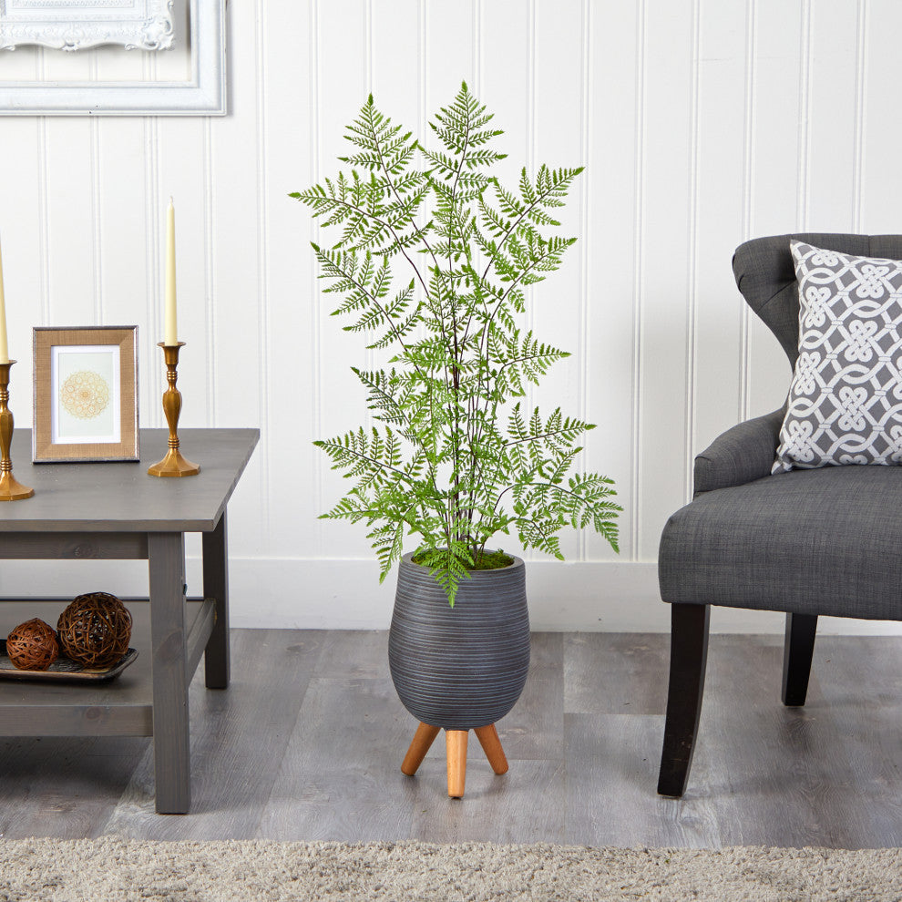 39" Ruffle Fern Artificial Tree, Gray Planter With Stand