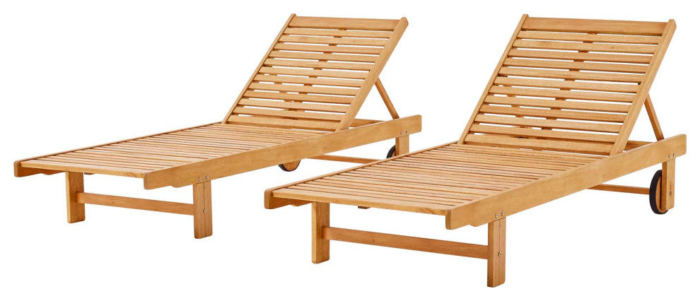 Lounge Chair Chaise, Set of 2, Wood, Brown Natural, Modern, Outdoor Patio Cafe