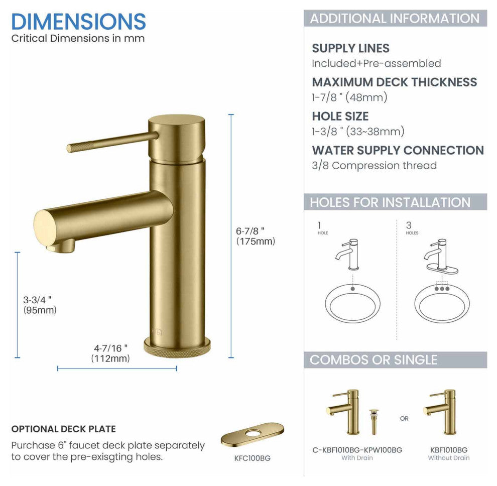 Circular X Brass Single Hole Bathroom Faucet KBF1010, Brush Gold, with Drain