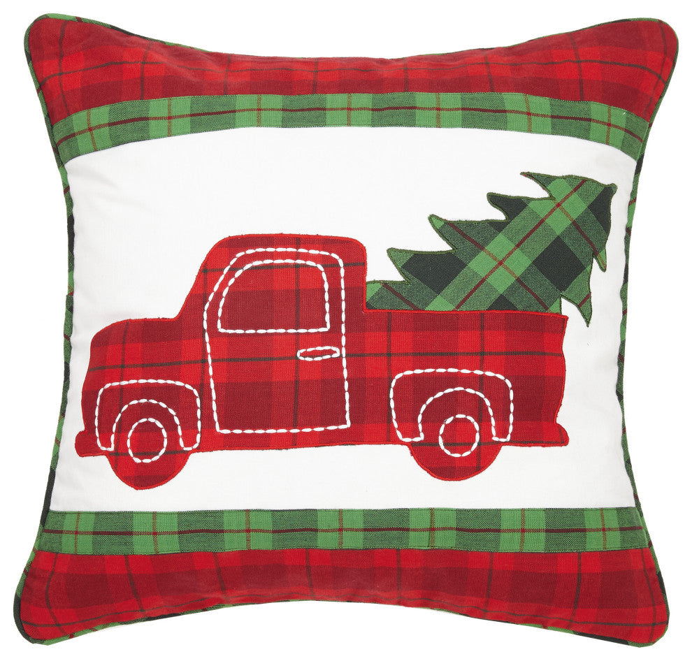 Plaid Truck With Tree Applique Embroidered Pillow