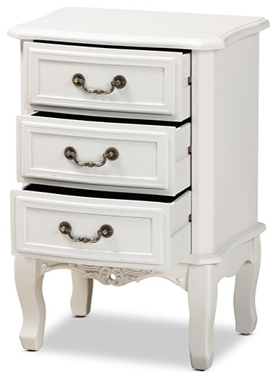 Traditional French Country Provincial White-Finished 3-Drawer Wood Nightstand
