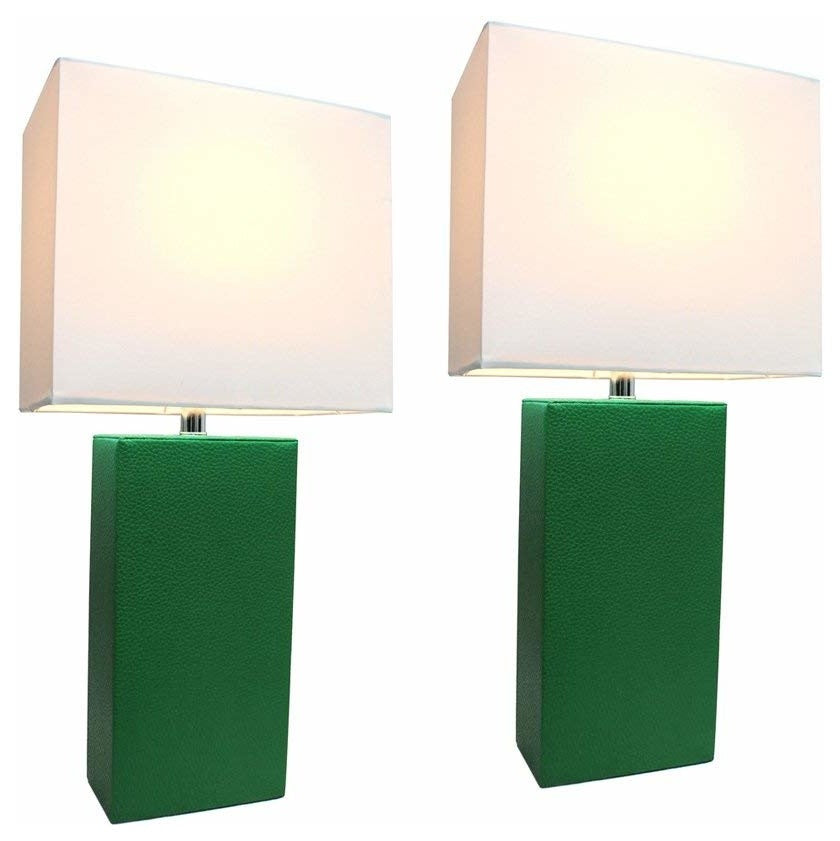 2-Pack Modern Leather Table Lamps With White Fabric Shades, Green