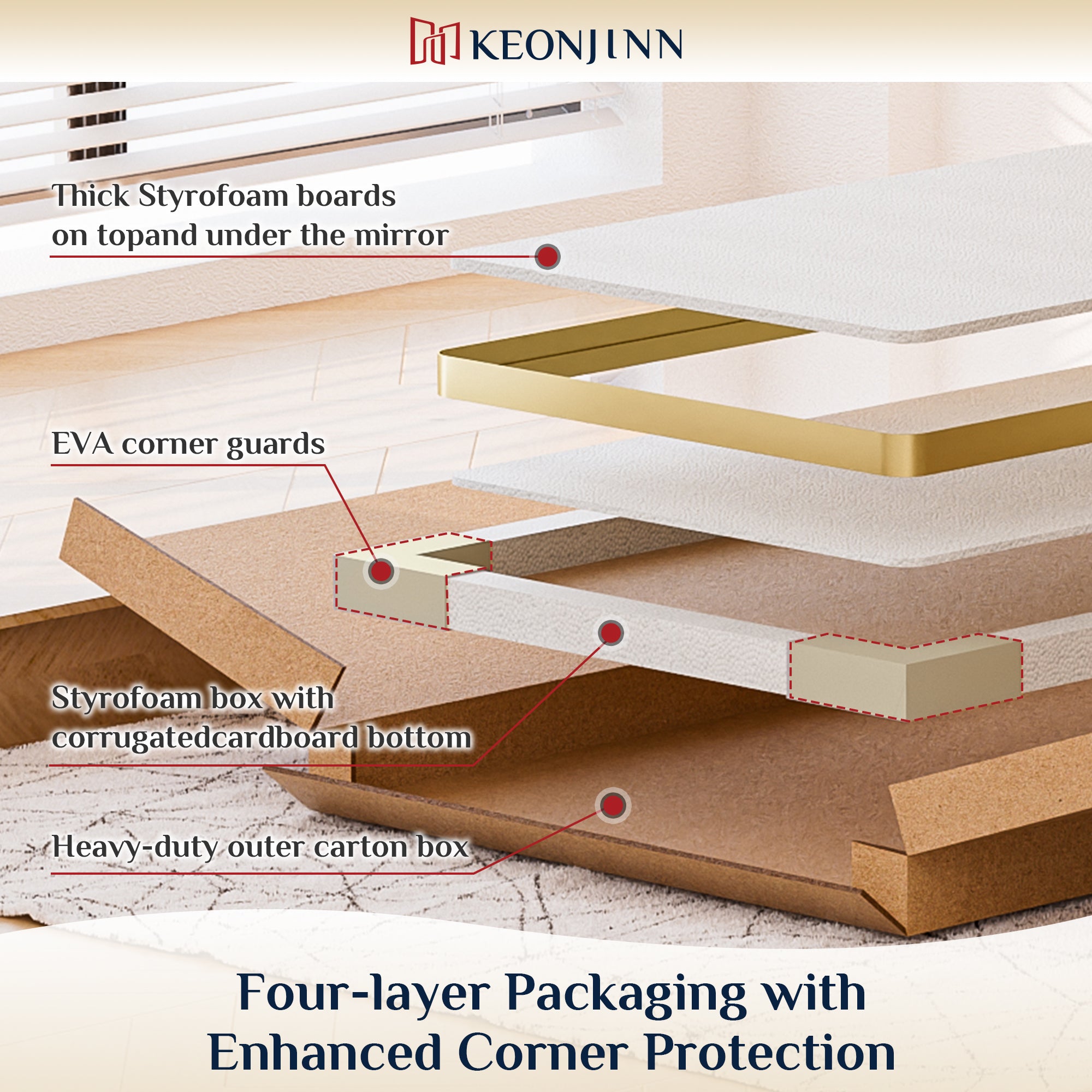 Metal Frame Decorative Rectangular Wall Mount Mirror, Gold, 24"x36"