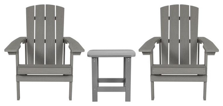 All-Weather Poly Resin Wood Adirondack Chairs With Side Table, Set of 2, Gray