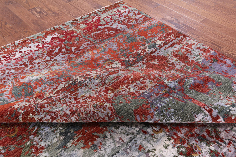 9' 0" X 11' 11"Abstract Wool and Silk Contemporary Hand Knotted Rug Q6331