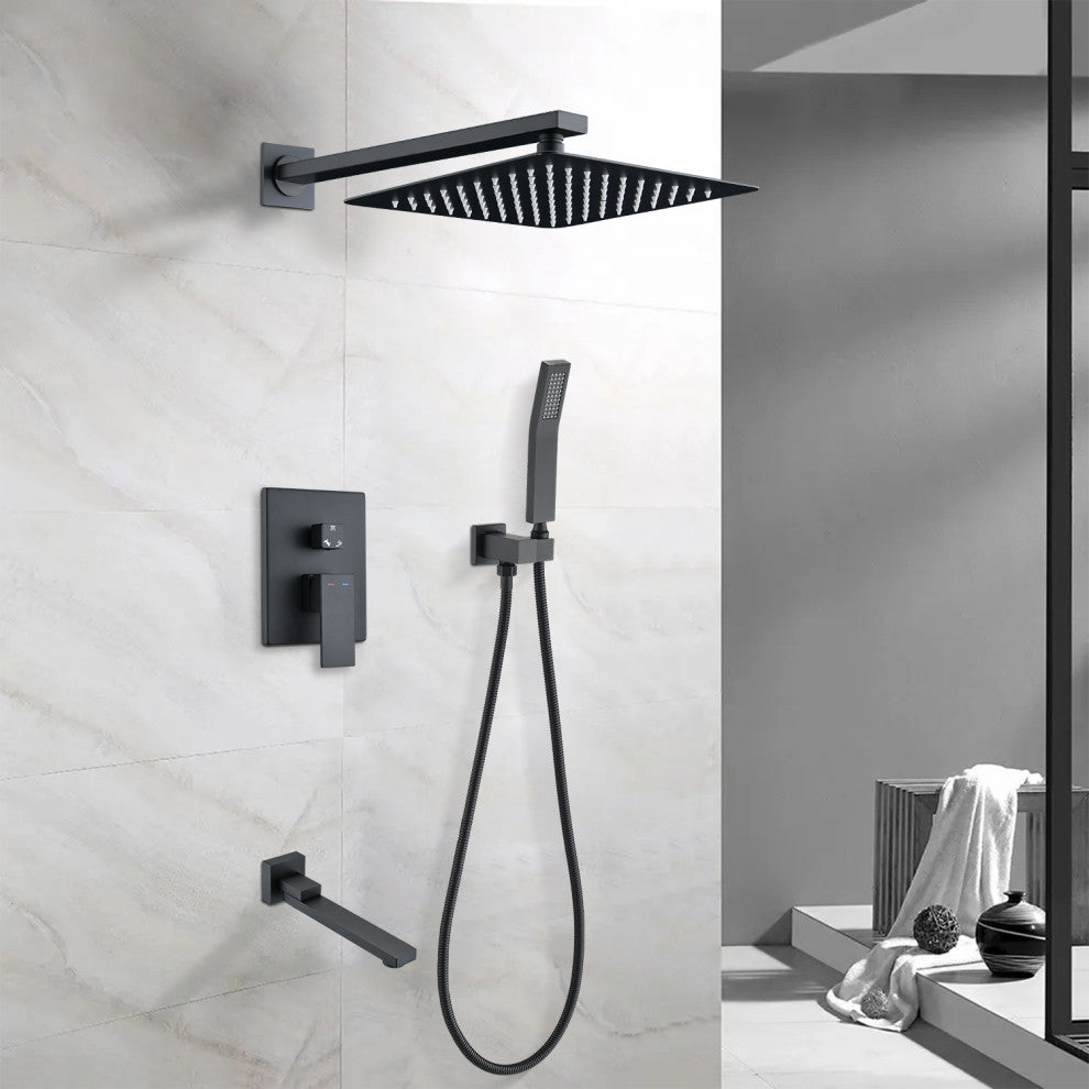 Two-handle wall-mounted tub and shower faucet with hand shower head with valve, Matte Black