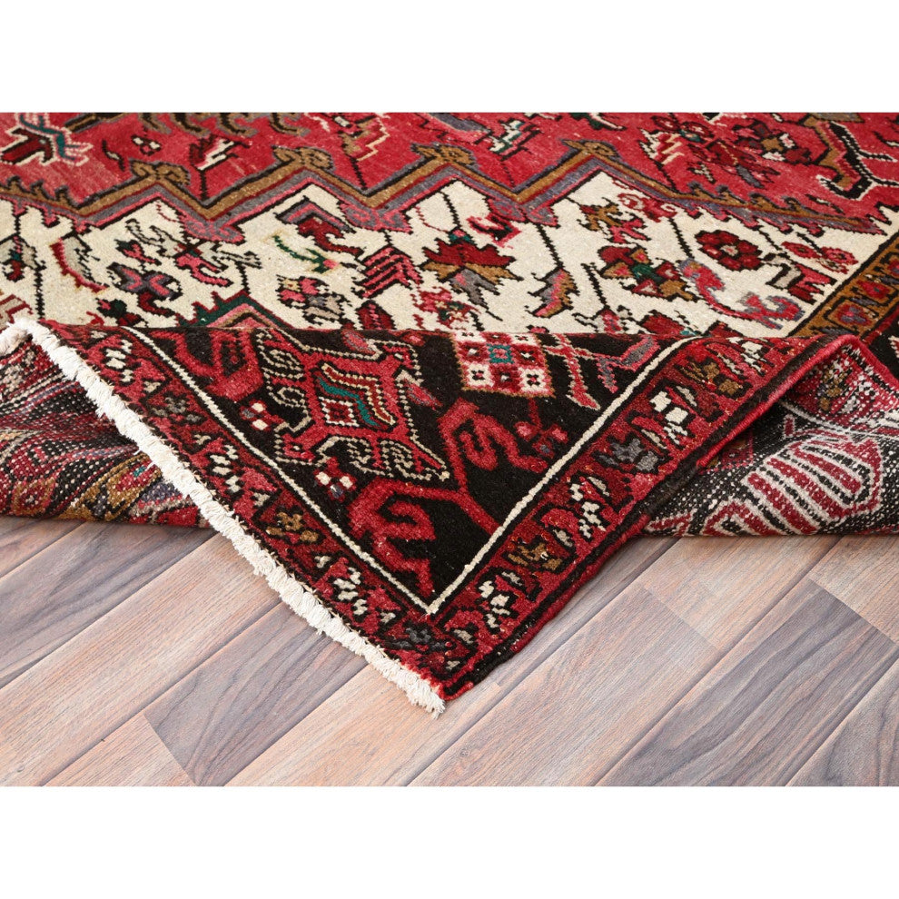 Imperial Red Pure Wool Hand Knotted Semi Antique Persian Heriz Rug 7'10"x11'5"