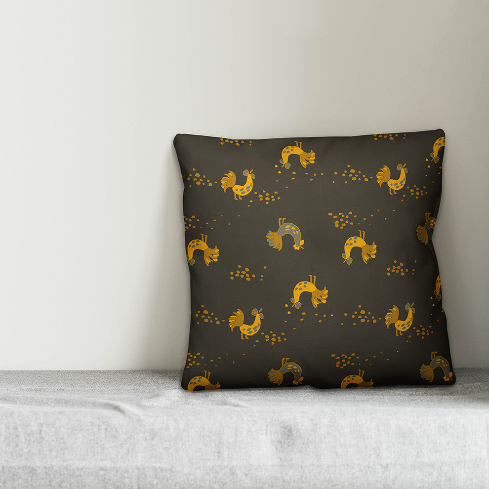 Rooster Pattern, Yellow Throw Pillow Cover, 16"x16"