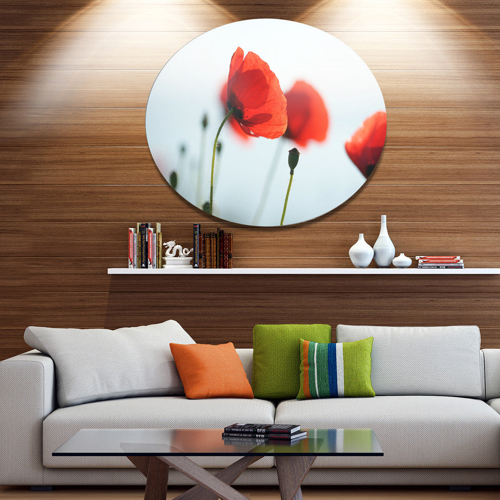 Poppies On Background Of Sea, Modern Floral Round Wall Art, 23"