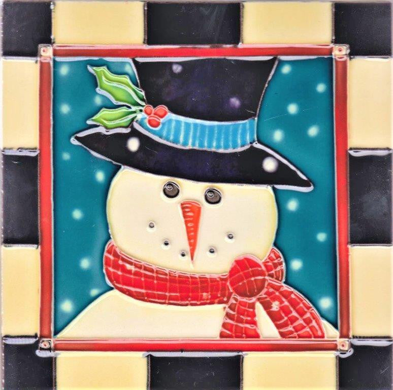 8x8" Snowman With Checker Background Ceramic Art Tile Painted Trivet Hot Plate