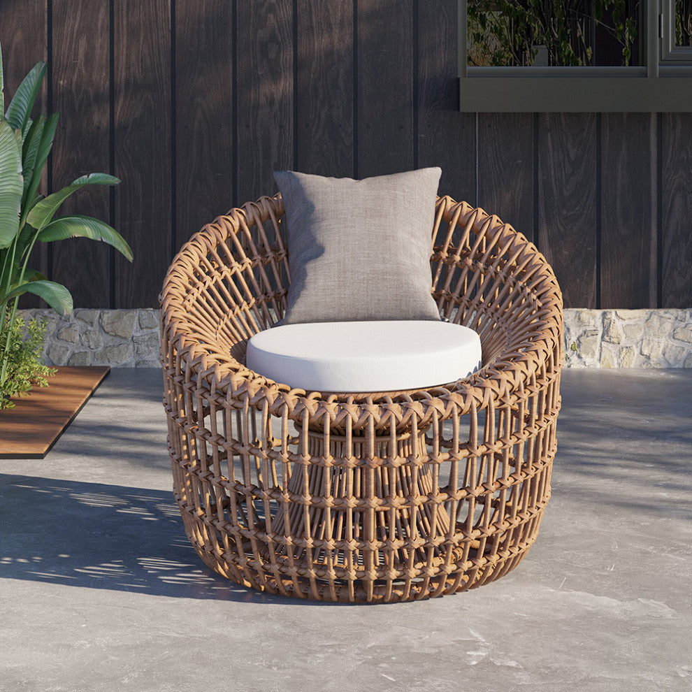 Austen Rattan Outdoor Barrel Chair Nest Shape Sidechair with Cushion in Brown