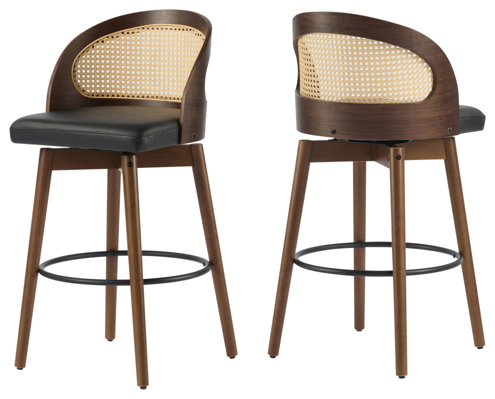 Crystal Rattan Backrest Cushioned Barstools, Set of 2, Dark Walnut/Black