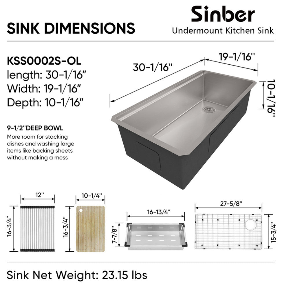 Sinber Single Bowl Kitchen Sink with 304 Stainless Steel Satin Finish, 30"x19" Workstation, Undermount