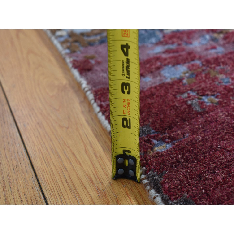 Red, Wool and Silk, Abstract Design Hand Knotted Runner Rug, 2'7"x8'1"
